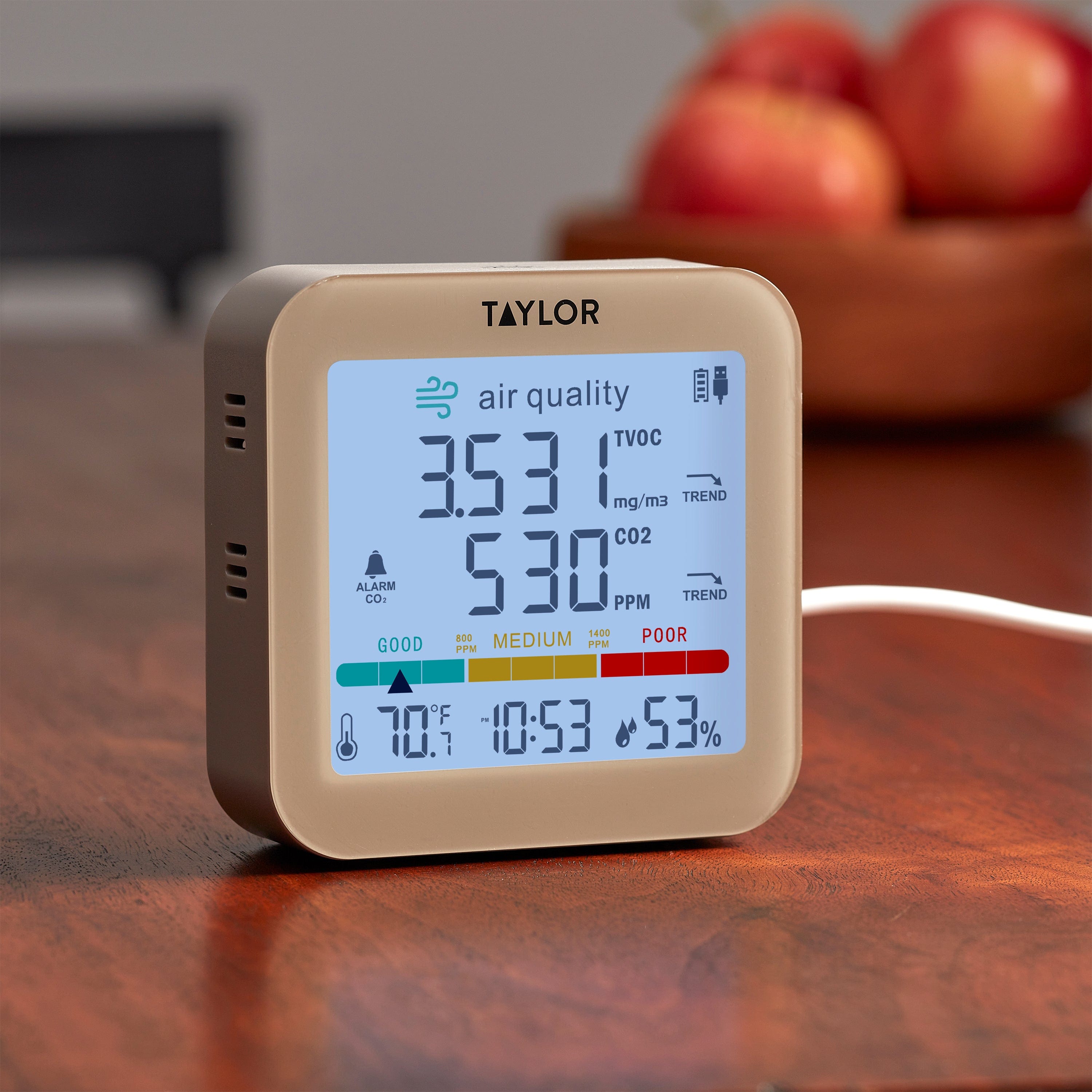 Monitor digital de calidad del aire con cable de alimentación USB