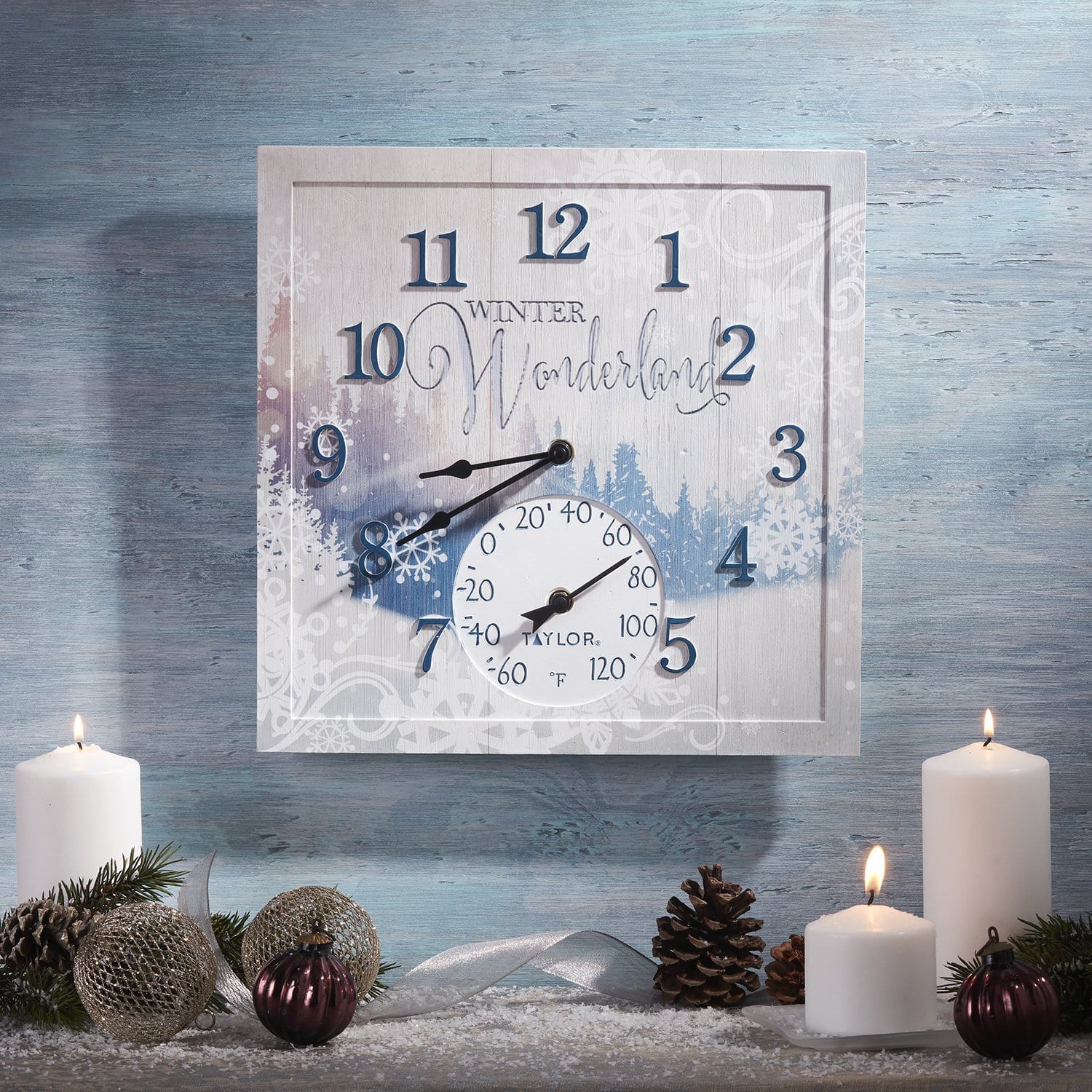 Reloj de invierno de 14" x 14" con termómetro