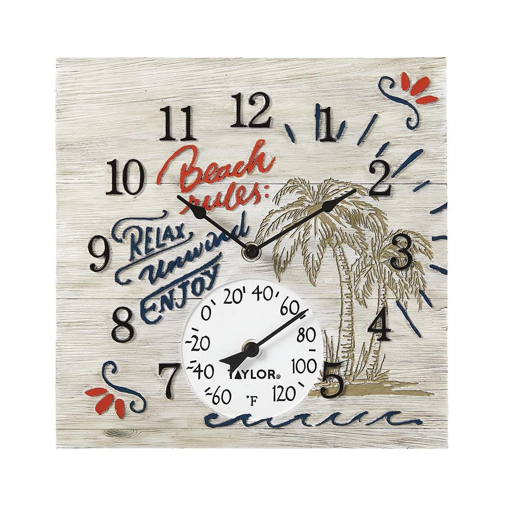 14"x14" Beach Rules Poly Resin Clock with Thermometer