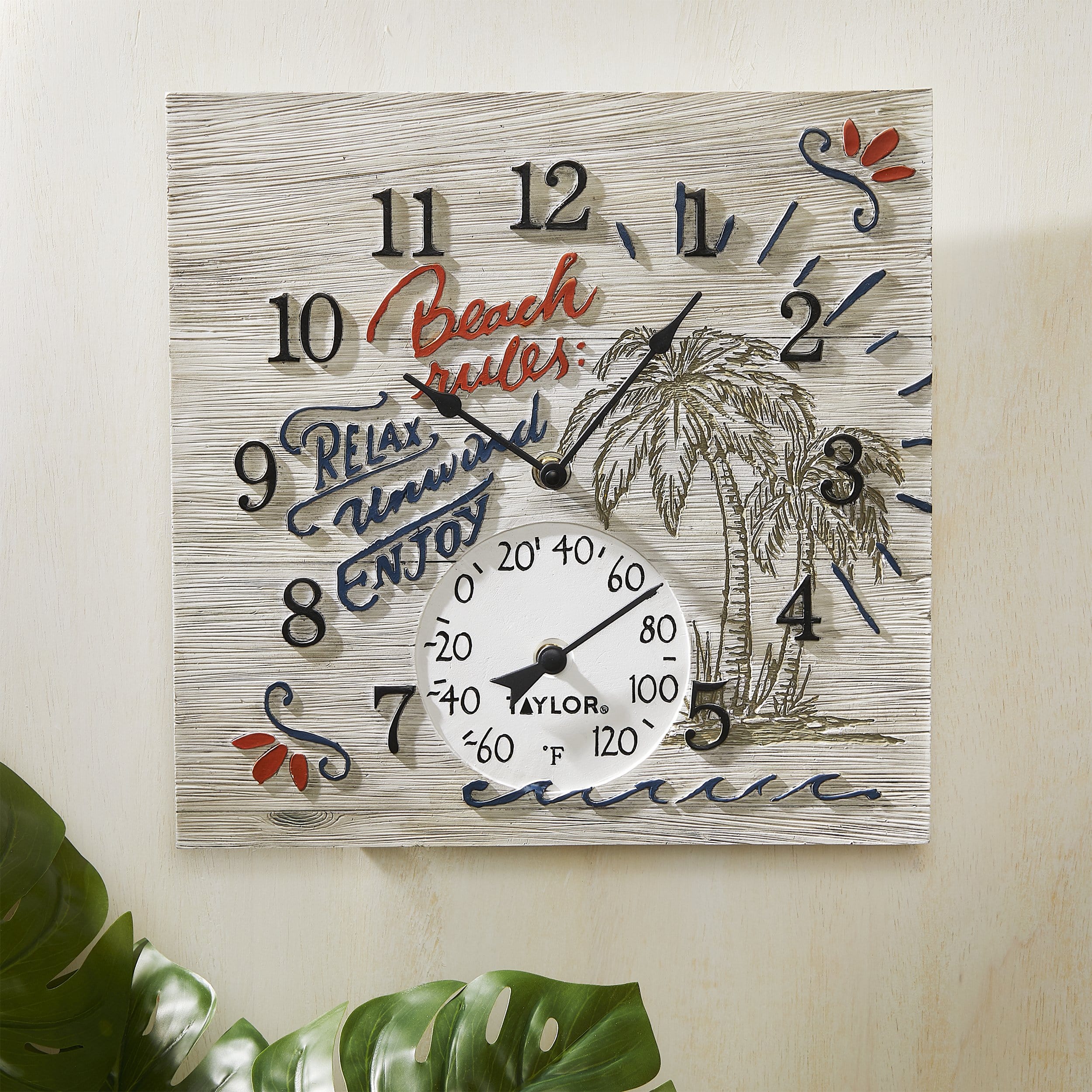 Reloj de resina polimérica Beach Rules de 14" x 14" con termómetro