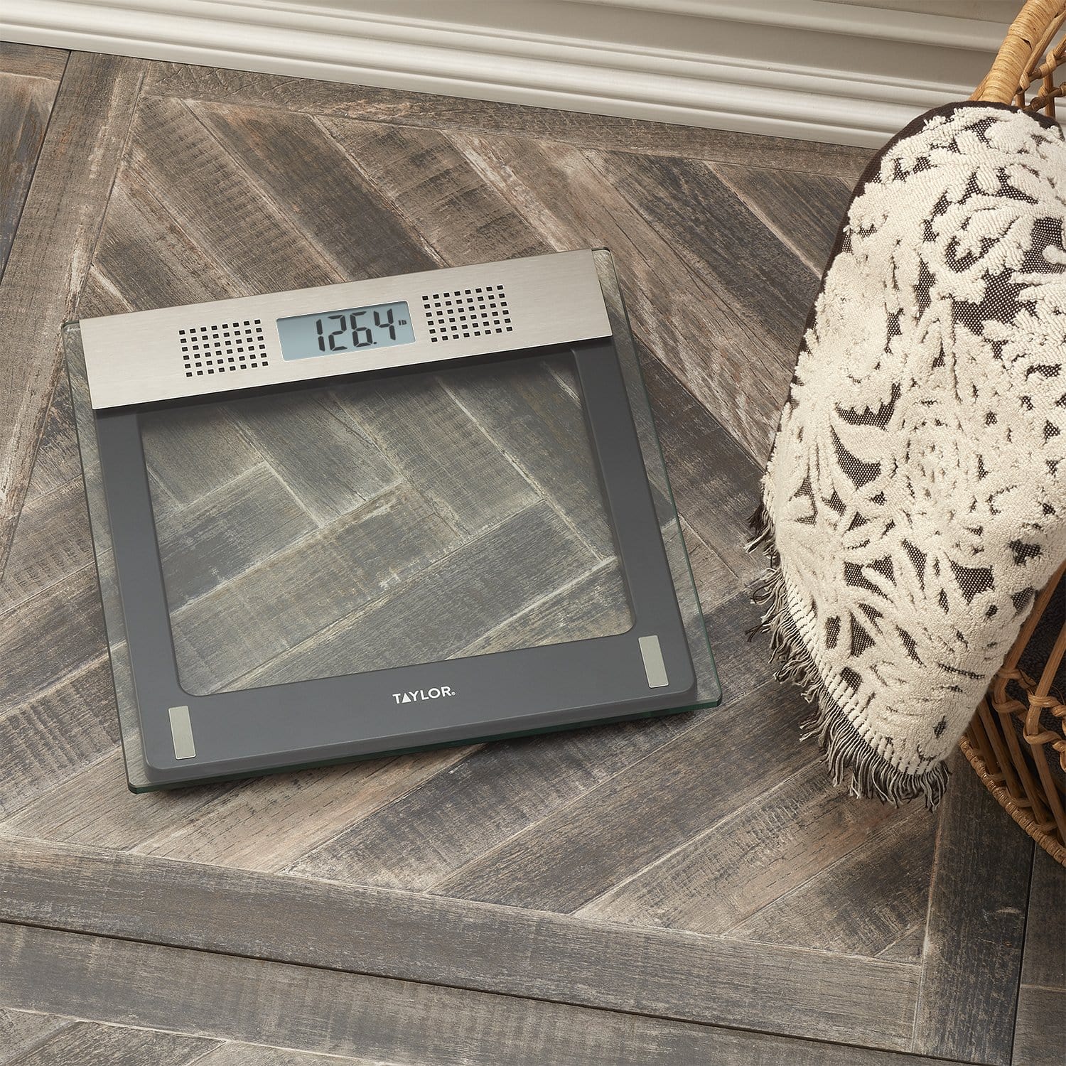 Báscula de baño digital parlante de vidrio transparente