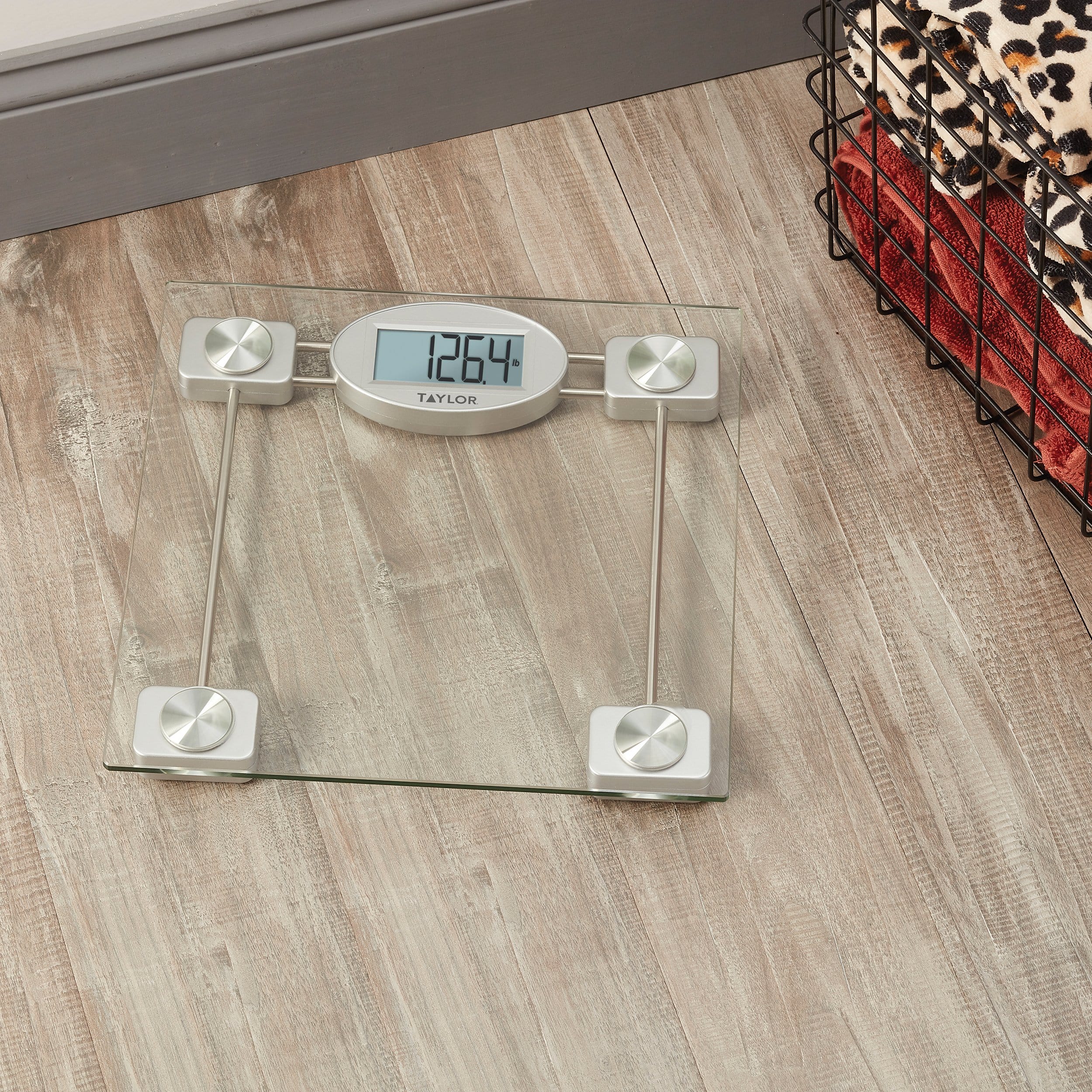 Taylor 400 Lb. Capacity Clear Glass Digital Bathroom Scale with Metallic  Accents, 11.8-inch x 11.8-inch Platform, Silver