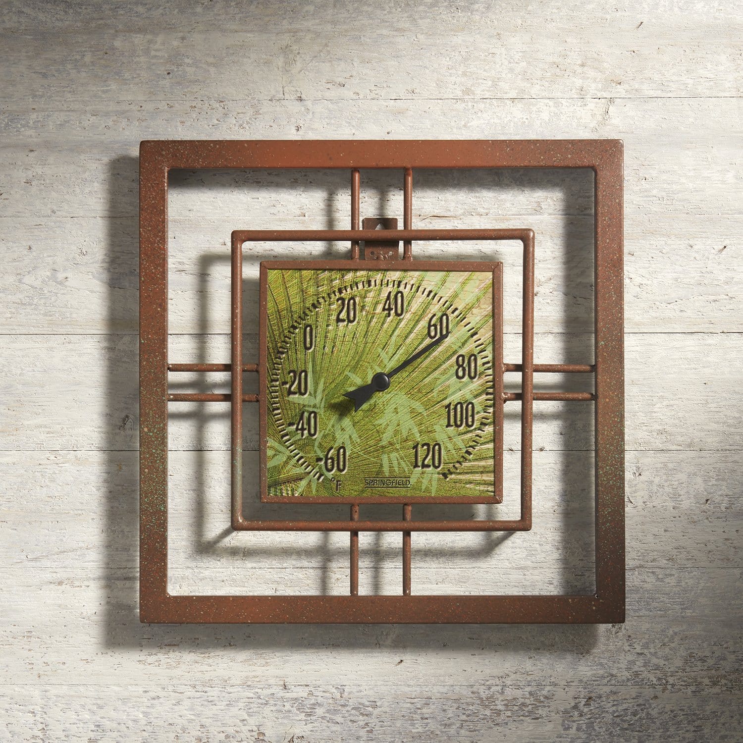 Termómetro de metal de bronce antiguo y vidrio con hojas de bambú de 14" x 14"