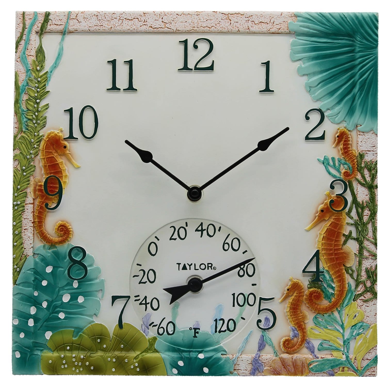 14"x14" Seahorse Clock with Thermometer