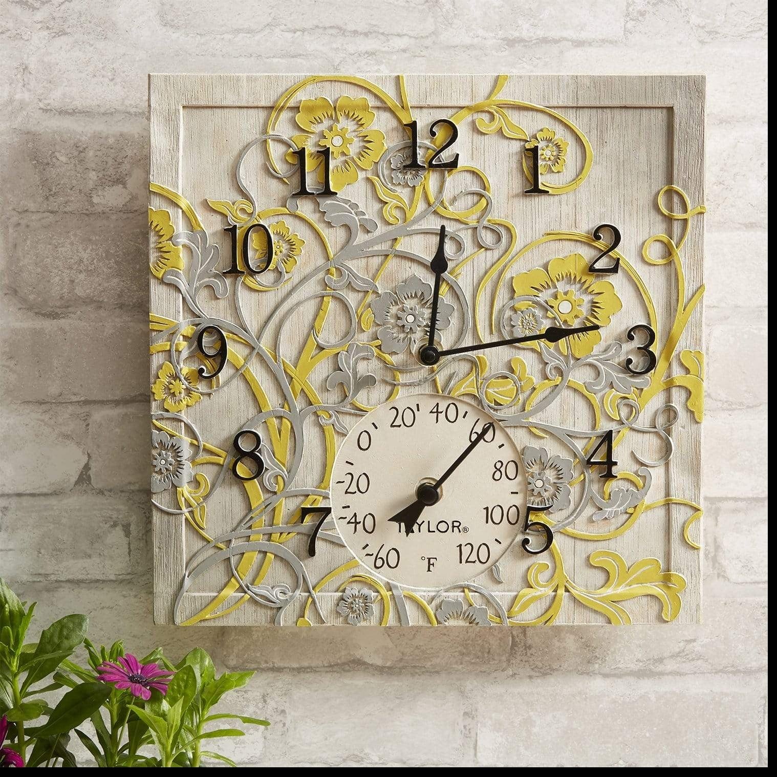 Reloj de madera de haya pintada de 14" con termómetro